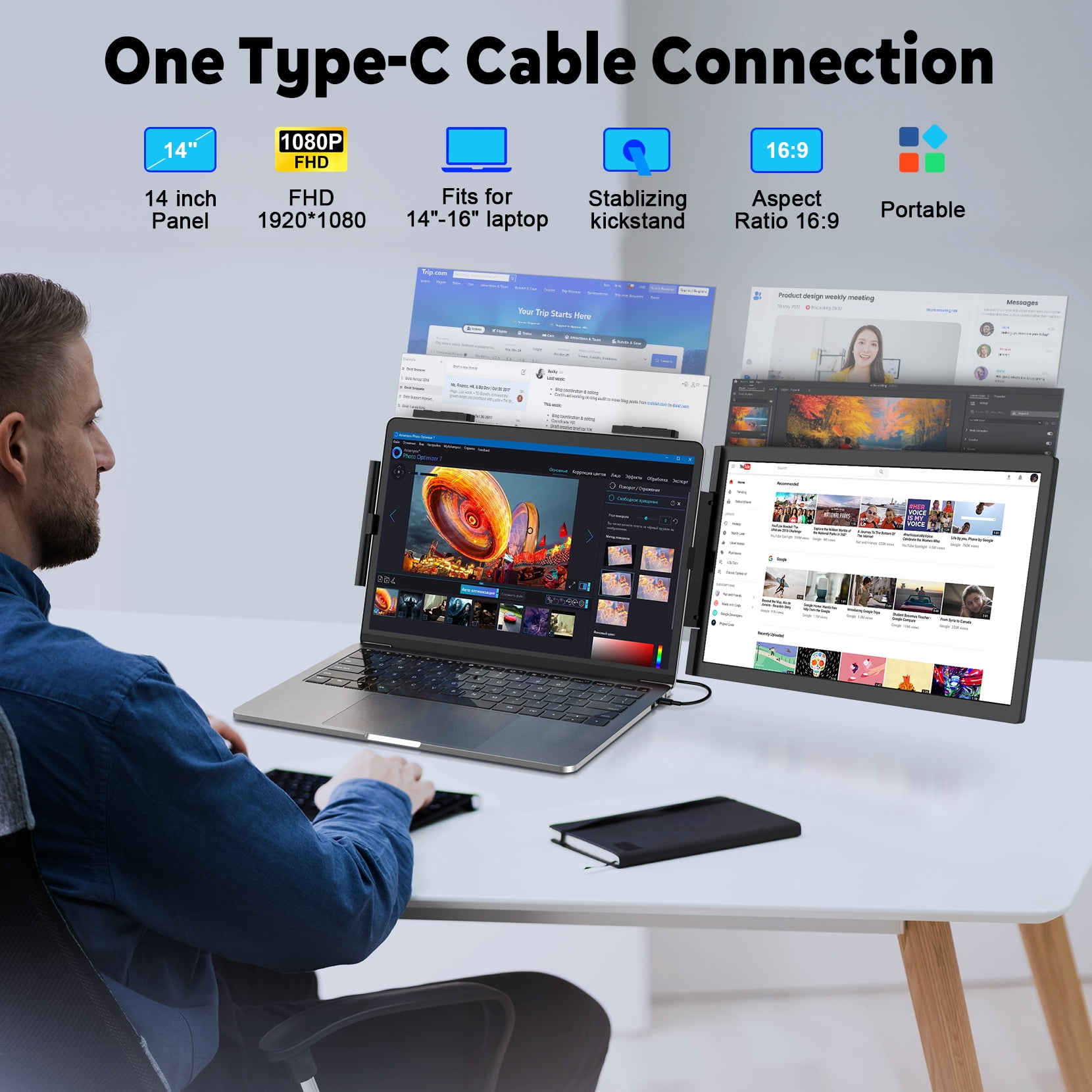 KEEPTIME 14" FHD 1080P IPS Laptop Screen Extender, Portable Monitor for 14-17" Notebooks, Dual Display with USB-C HDMI, Plug and Play for Windows Mac Android Switch PS5
