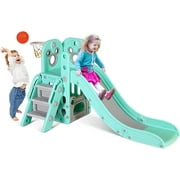 Arlopu Kids Slide, 4 in 1 Sturdy Toddler Slide Climber Playset with Basketball Hoop & Ball, Storage Space and Non-Slip Steps, Indoor Outdoor Toy for Children 2 Years up