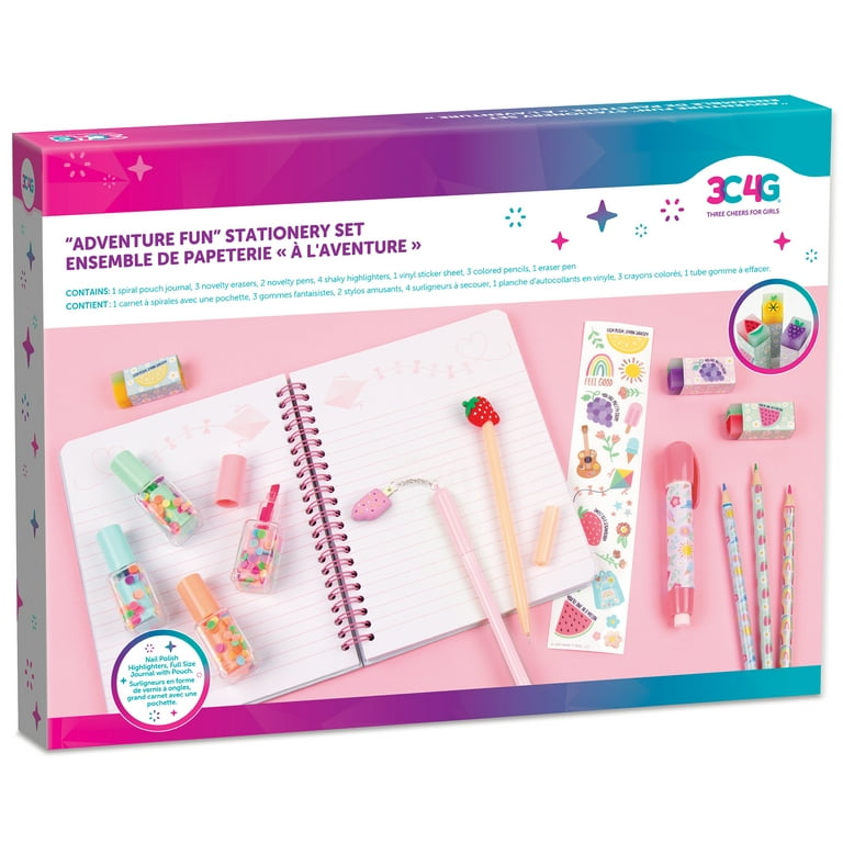 Three Cheers For Girls: Adventure Fun: 15 Piece Stationery Set -  Fun-To-Shake Highlighters Shaped Like Nail Polish Bottles, Precious  Extendable Eraser Pen, Adorable Stickers, Tween & Girls, Ages 8+ 