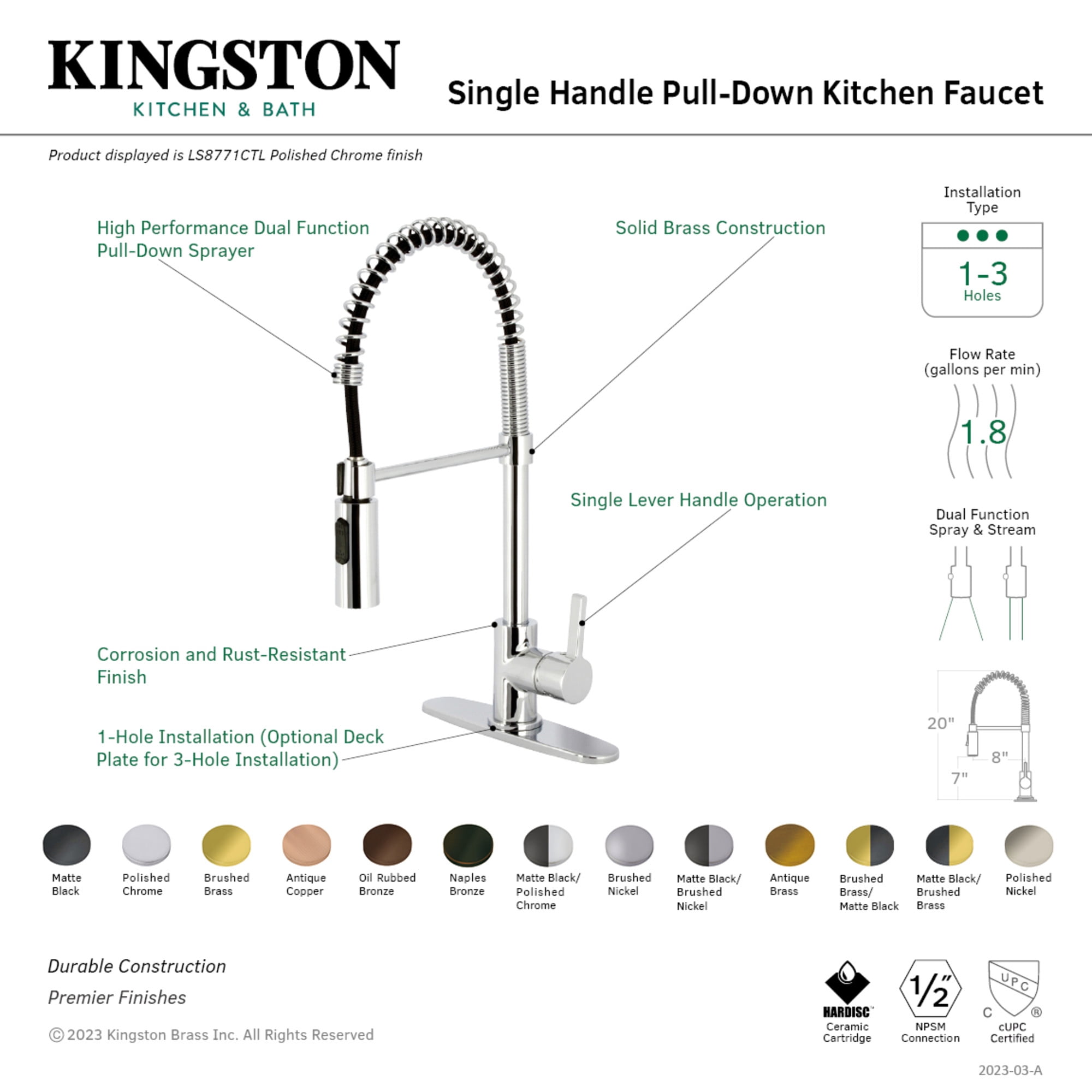 Gourmetier LS8773CTL Continental Single-Handle Deck-Mount Pre-Rinse Kitchen Faucet, Brushed Brass
