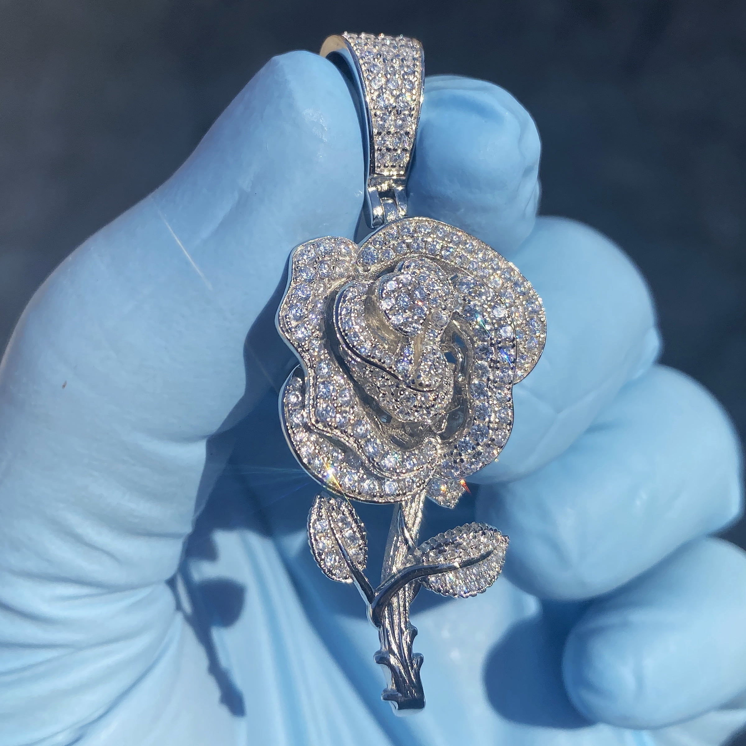 Real Solid 925 Sterling Silver Rose Flower Iced Pendant Bling Out Hip Hop Charm
