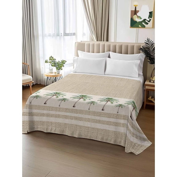King Size Flat Sheet Only,Coastal Green Palm Trees on Vintage Linen Soft Top Bed Sheets Breathable Bedding Sheet Tropical Pants Microfiber Hotel Luxury Top Sheets