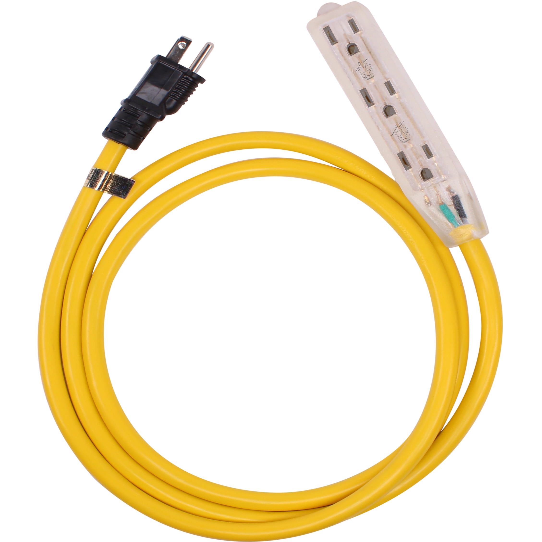 Lighted Outdoor Extension Cord - Heavy Duty Yellow Power Cable Splitter by Journeyman-Pro 5-15P to Three Electrical Outlets (Inline Triple-Tap) 5-15R 15 AMP 125 Volts Short 6' 10' FT (Yellow - 6 FT)