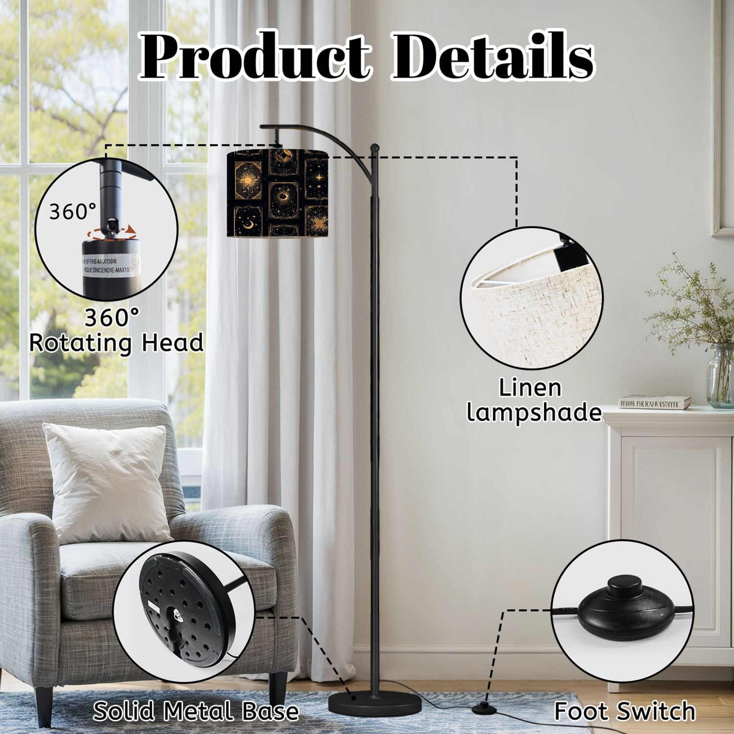 Arc Floor Lamp with Adjustable Lampshade Celestial Sun Moon Stars Gold Black Mystical Standing Lamp 3 Color Temperatures Dimmable Tall Pole Lamp with Foot Switch for Bedroom Reading Room