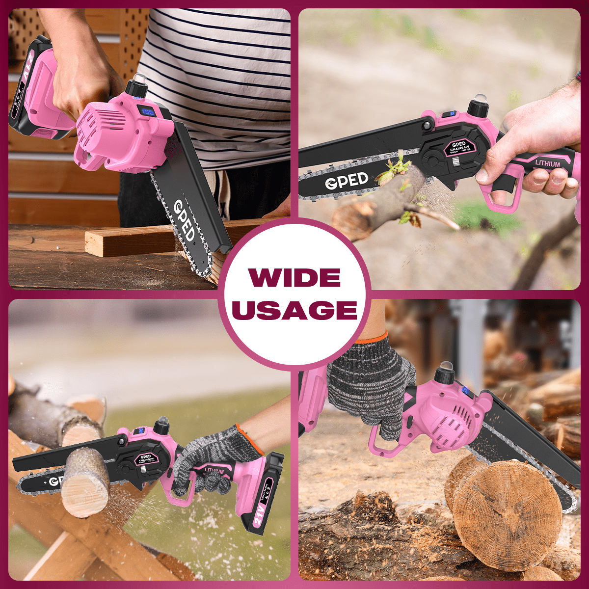 GPED Mini Chainsaw Cordless 6 inch with 2 Battery, Mini Power Chain Saw with Security Lock, Electric Chainsaw, Handheld Small Chainsaw for Tree Trimming Wood Cutting, Pink