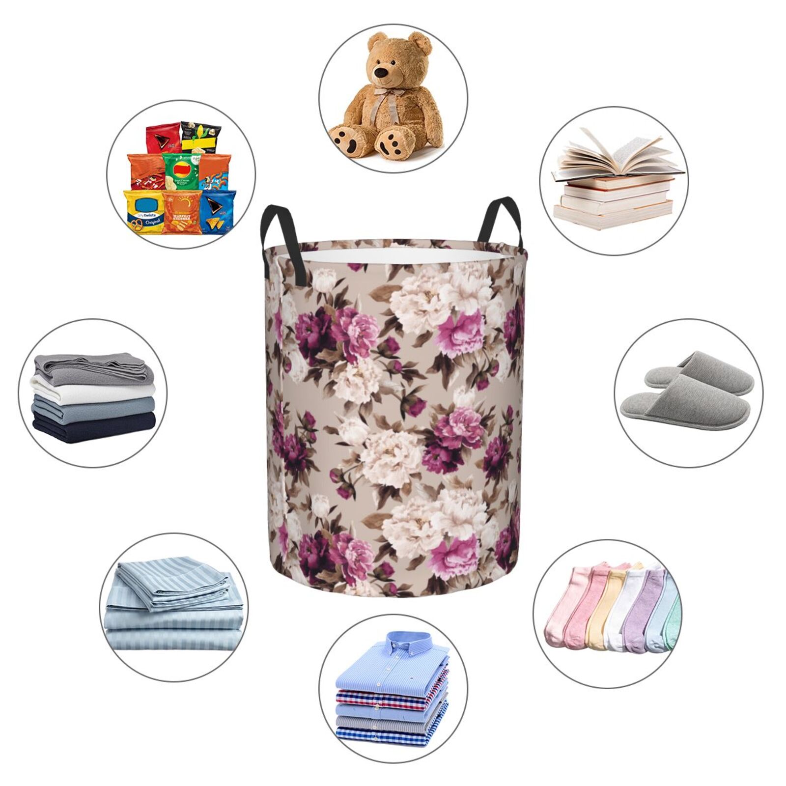 Large Laundry Basket with Handles - White Purple Rose Flowers Kids Baby Dirty Clothes Laundry Hamper for Bedroom Aesthetic