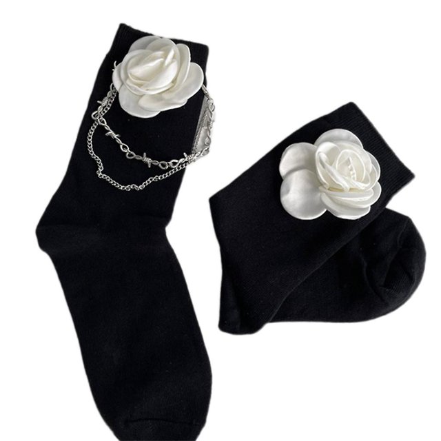 Calcetines góticos punk para mujer, medias de tubo Harajuku con cadena de flores de Camelia sintética