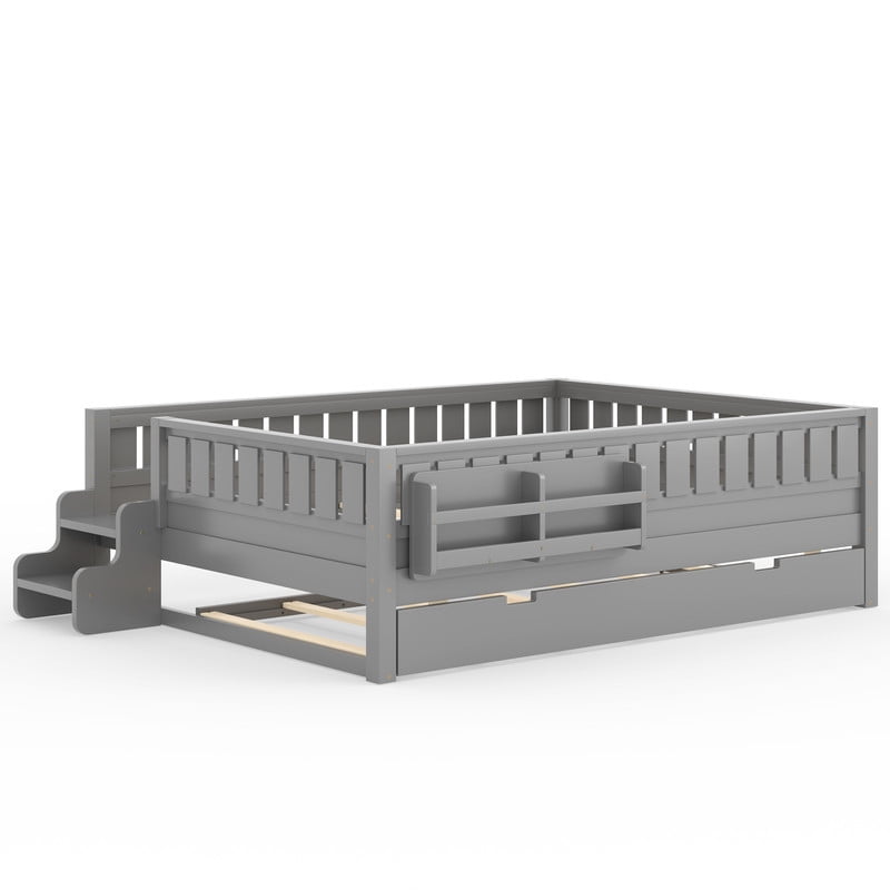 Queen Size Low-Profile Kid's Platform Bed with Built-in Bookshelves & Small Staircase, Wooden Bed Frame with Safety Rails & Trundle