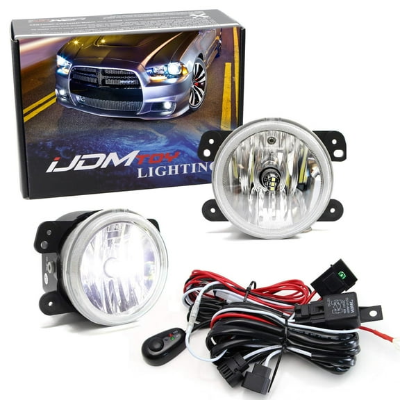 LH/RH Clear Lens Fog Lamps w/Xenon White LED Replacement Bulbs, Relay Wiring Harness and Swith, For Jeep Wrangler, Grand Cherokee, Dodge Charger Journey Magnum, Chrysler 300, etc