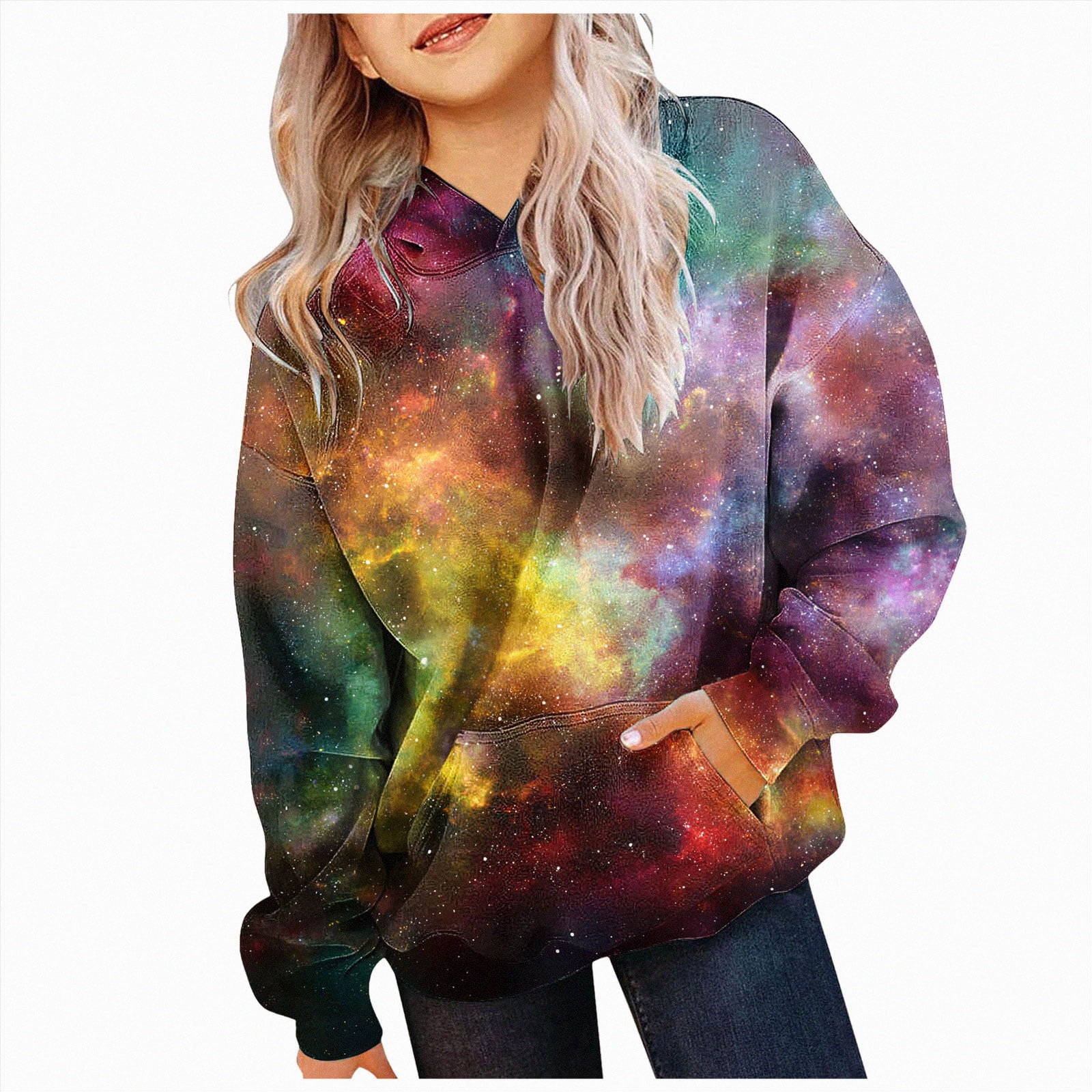 larppty Big Girls Galaxy Fleece Pockets Sweatshirts Jacket Pullover Hoodies (Orange 11-12)