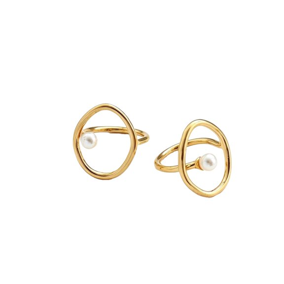 HIRPLIS Simple Geometric Oval Imitation Pearl Rings for Women Stainless Steel Adjustable Hollow Stackable Wedding Party Anniversary Birthday Festival Vacation Daily Jewelry Gift Gold Plated 7