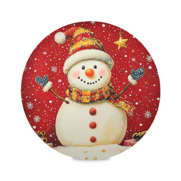 Round Plate Mat 15.4x15.4 Inchesx1 Placemat Table Mat Kitchen Mat Coffee Mat Fabric Thick, Strong Wear-Resistant, Heat Resistance Cute Red Christmas Snowman