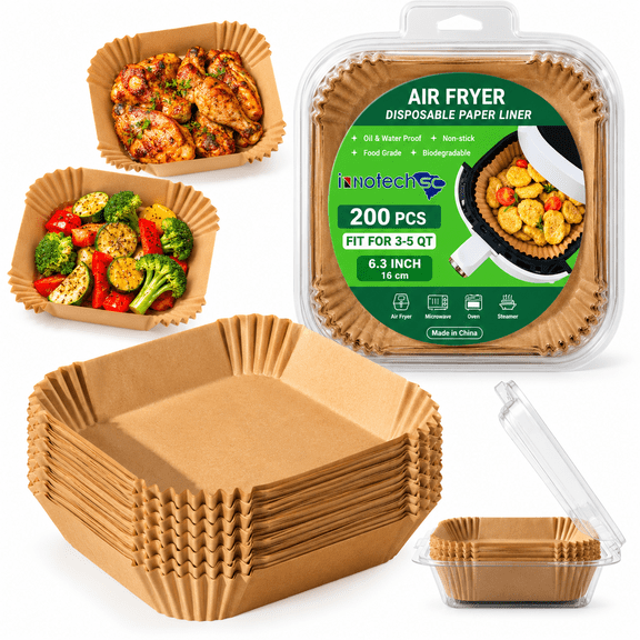 InnotechSc Air Fryer Liners Disposable, 200Pcs Parchment Paper, 6.3inch Disposable Air Fryer Paper Liners for 3 to 5QT, Non-Stick Air Fryer Liners Square Free of Bleach