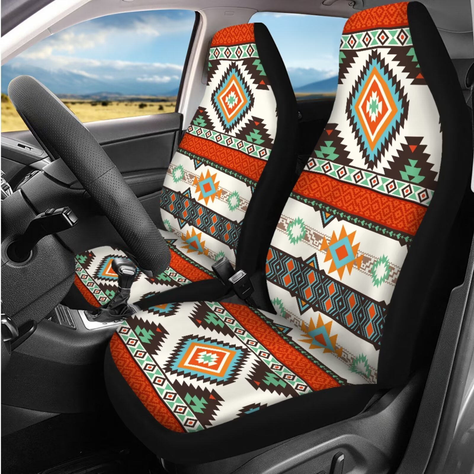 Garronmavis Aztec Geometry Automobile Seat Covers Sets 14 Pcs Car Steering Wheel Cover Head Rest Protector Armrest Cover Seat Belt Covers Keychain and Coaster Universal Fit for Most Cars SUV