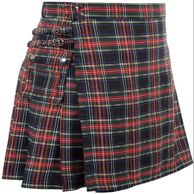 Men's Cotton Utility Kilt With Box Pleats Tartan Design Adjustable Waist Deep Pockets