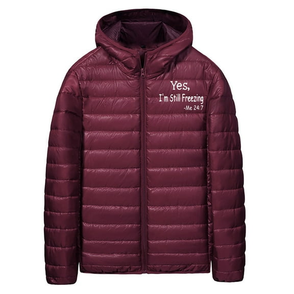 Men's Hooded Puffer Jacket Lightweight Warm Winter Zipper Coat with Funny Letter Print, Yes I'm Still Freezing (XXS, Wine)