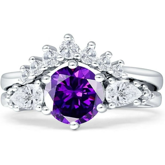 Two Piece Round Vintage Style Ring Amethyst Cubic Zirconia White Tone 925 Sterling Silver, Size 5