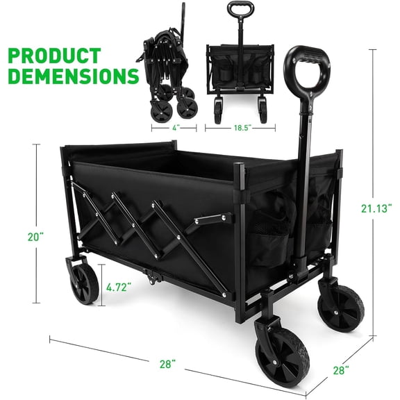 Collapsible Foldable Camping Cart, 200lbs Foldable Wagon Cart with Wheels, 150L Shopping Cart for Groceries Folding Utility Wagon for Beach, Garden, Camping, Sport, Black