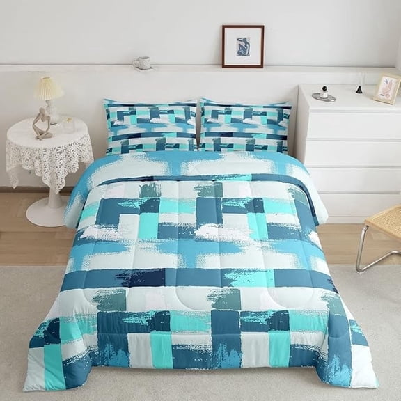 Teal Comforter Set Toddler Size Turquoise Comforter Blue Grey Grunge Ombre Bedding Set for Kids Boys Girls Adults Bedroom Decor Watercolor Abstract Contemporary Quilt Duvet Insert
