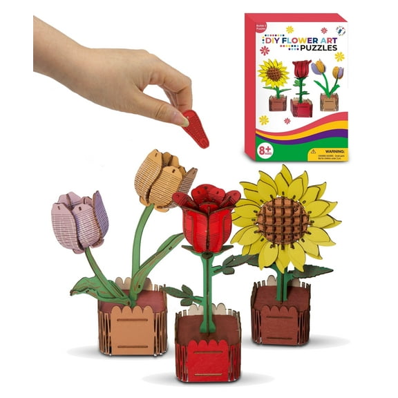 3 in 1 DIY 3D Flower Art Wooden Puzzles for Kids 8-12 - Includes Rose, Tulip, and Sunflower