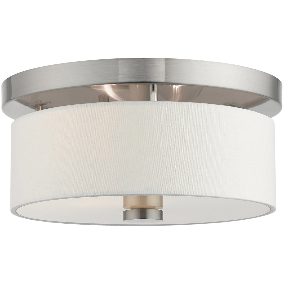 2 Light Brushed Nickel Ceiling Light fixture with Hand Crafted Off-White Fabric Hardback Shade