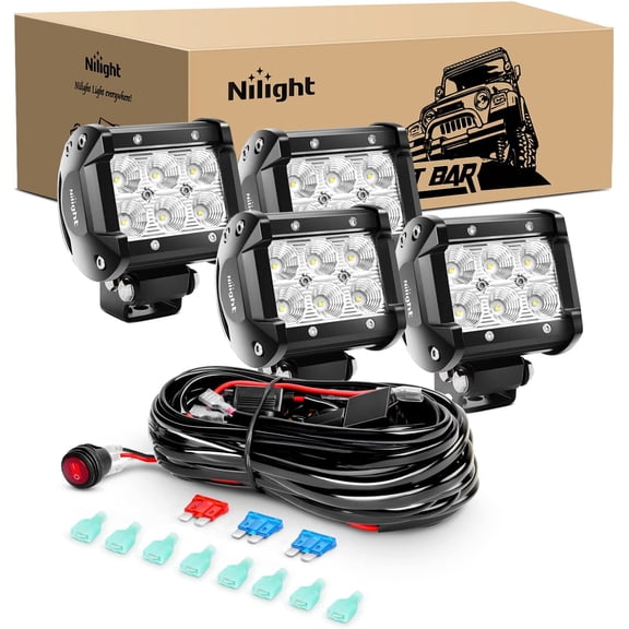 Nilight LED Pods 4Pcs 4 Inch 18W Flood Off Road Fog Lights Driving Roof LED Light Bar Work Light with 16AWG Wiring Harness Kit - 4 Leads for Truck ATV UTV SUV Boat