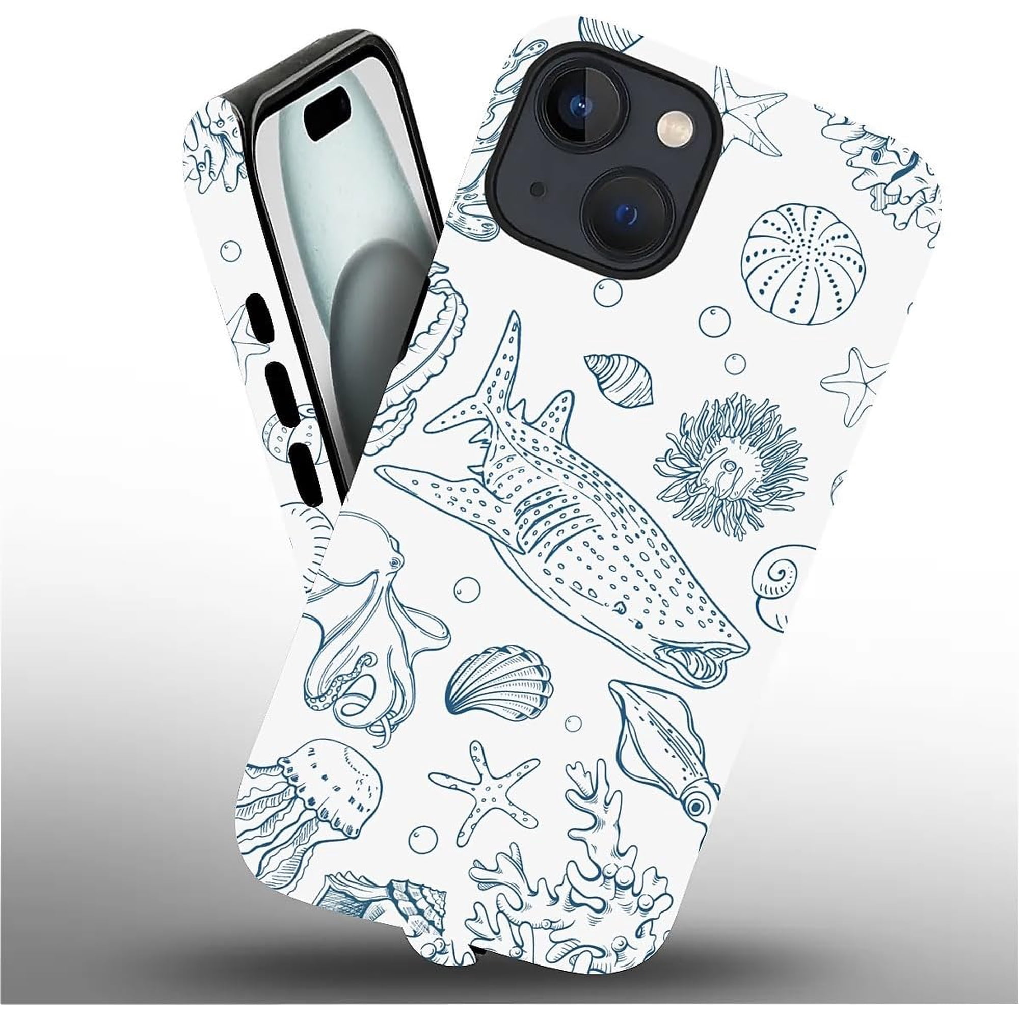 Case for iPhone 15 Plus Case Hybrid 2-Layer Silicone Protective Matte Case for Girl Women Whale Shark Coral Reefs Seashell Starfish Pattern Case for iPhone 15 Plus
