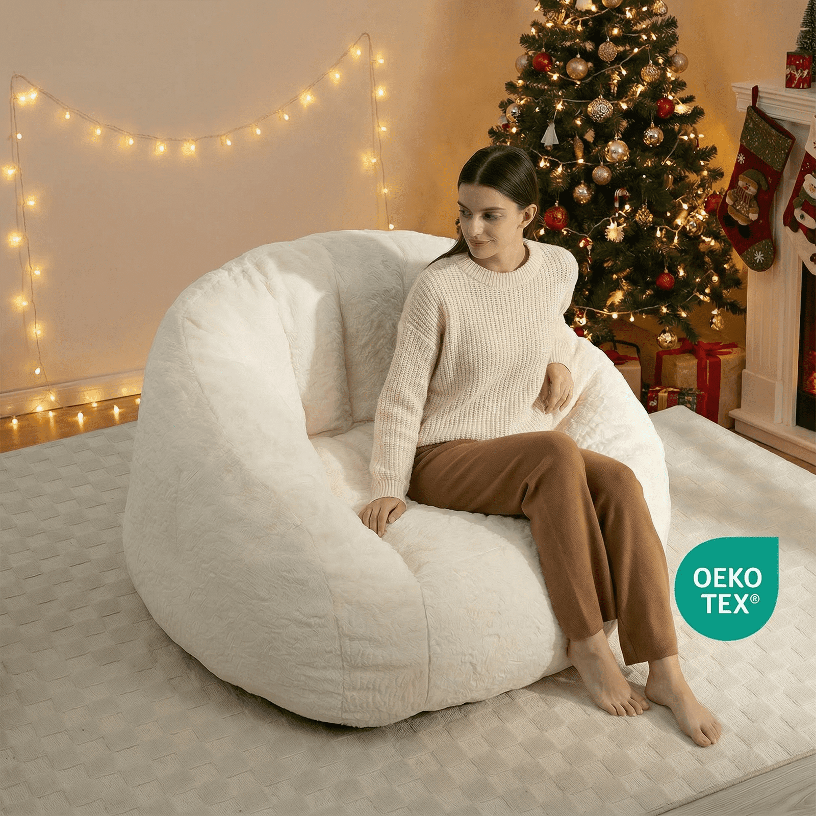 Ebenchico 3.9ft Bean Bag Chair for Adults Teens Kids, Shell Shape Faux Fur Beanbag Chairs, Memory Foam Filled Floor Chair for Reading, Gaming, Relaxing(White)