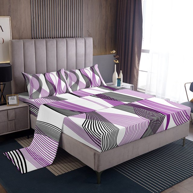 Erosebridal Chic Geometric Sheet Set Full, Purple Stripes Bedding Sets Full Size, Abstract Decor 4 Pieces