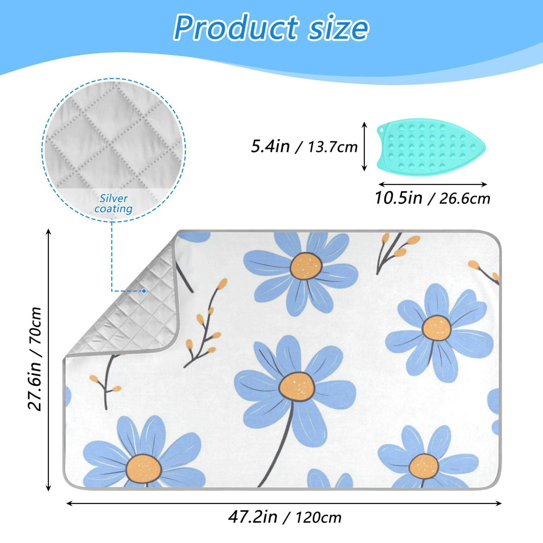 Blue Daisy Flowers Cute Cartoon Ironing Mat Blanket Portable Travel Ironing Pad Heat Resistant Pad 47.2" x 27.6”