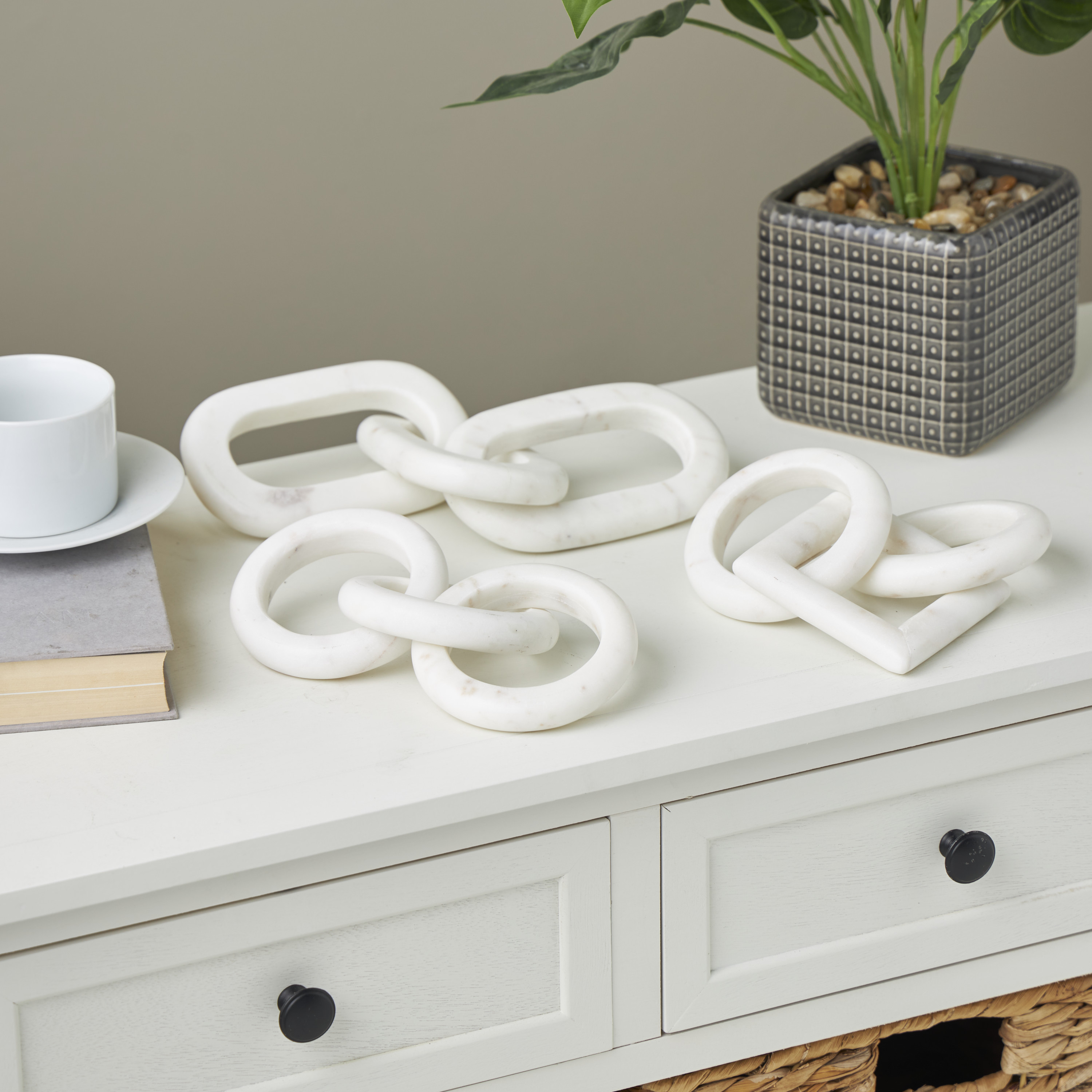 9", 9", 13"W White Marble Geometric 3 Link Chain Sculpture with Various Shapes, by DecMode (3 Count)
