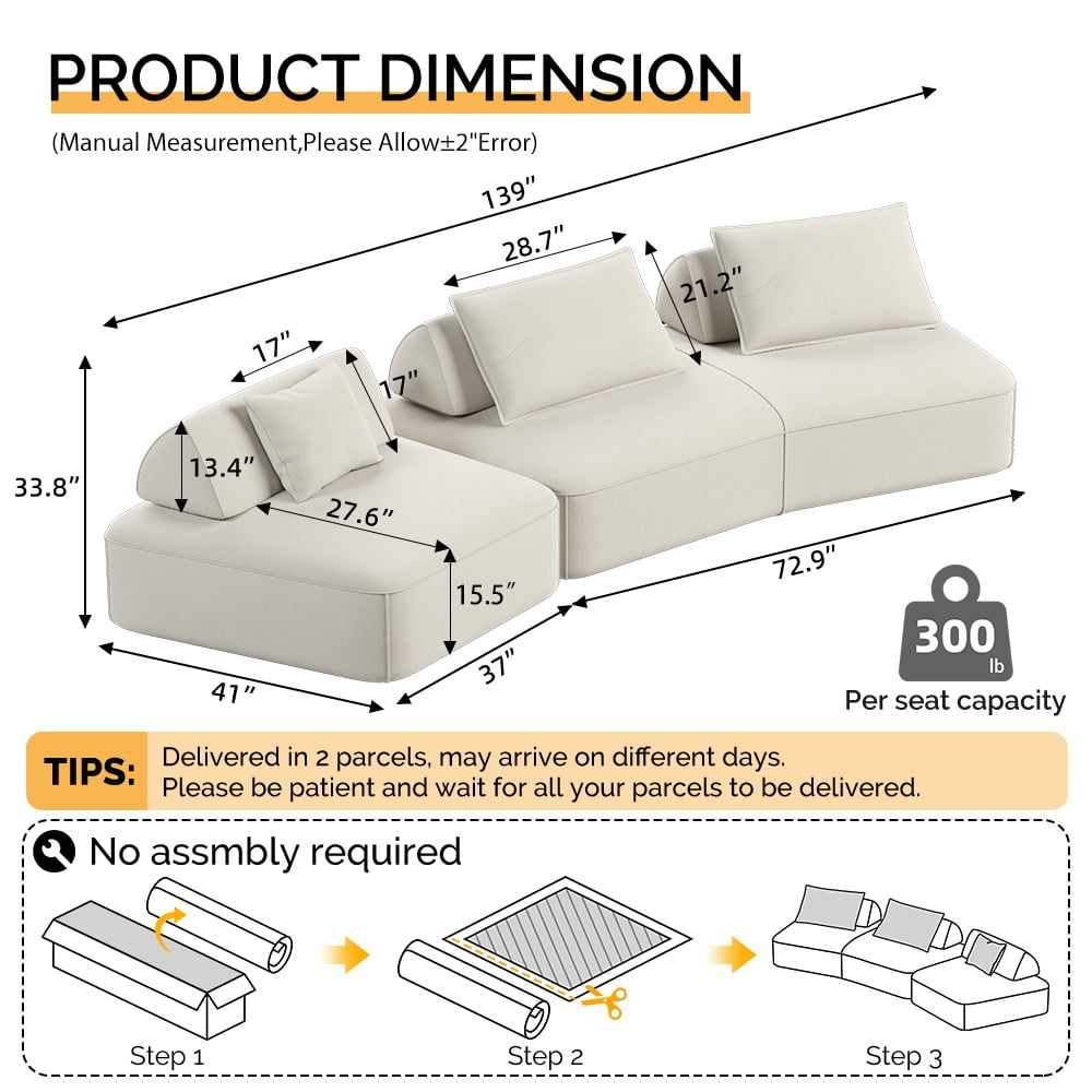 Leumius 139" Oversized Modular Sectional Sofa,DIY Upholstered Fluffy Chenille Sofa with Removable Backrests and Soft Pillows,Deep Seat Couch & Sofa Bed for Living Room,Office,Beige