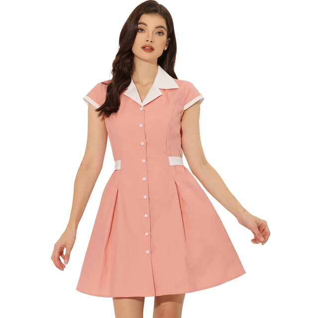 Vestido estilo Camisa de Oficina de Trabajo Para Mujer, Cuello en Contraste, Botón, Frente, Cinturón Rosa S