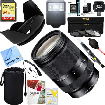 Sony (SEL18200LE) Zoom E-Mount lens - 18mm- 200 mm - f/3.5-5.6 OSS + 64GB Ultimate Filter & Flash Photography