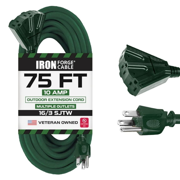 Iron Forge Cable 75ft Green Outdoor Extension Cord with 3 Outlets - 16/3 SJTW 75ft Extension Cord 3 Prong, 10 Amp All-Weather Heavy Duty Power Cable