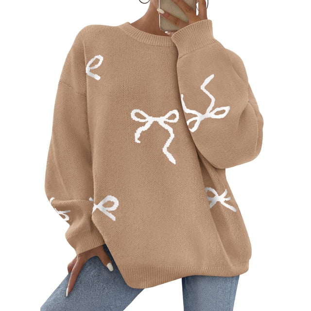 Suéter PRETTYGARDEN con Moño, Tejido Grueso, Oversized, Color Camel, Talla L