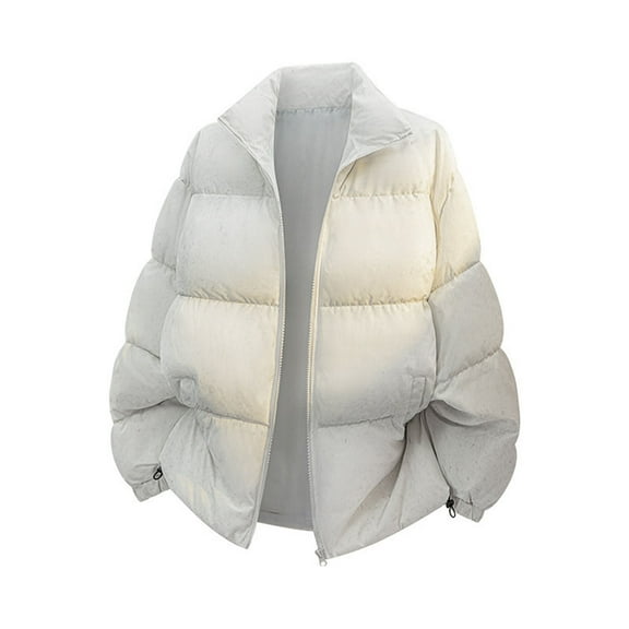 Winter Puffy Jackets Mens Cotton Padded Hoodless Warm Coat Full Zip Thicken Down Outerwear for Men (XL, White)