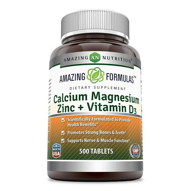 vod ontsnappen Begrijpen Amazing Formulas Calcium Magnesium Zinc + D3-500 Tablets Per Bottle  (Calcium 1000mg - Magnesium 400mg - Zinc 25mg Plus Vitamin D3 600 IU - Per  Serving of 3 Tablets) - Walmart.com
