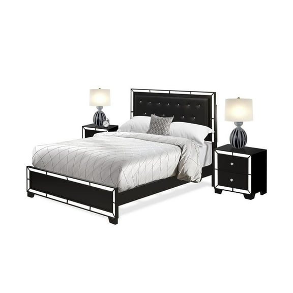 East West Furniture NE11-Q2N000 3-PC Nella Bedroom Set with Button Tufted Queen Bedframe and 2 Modern Nightstands - Black Leather Headboard and legs