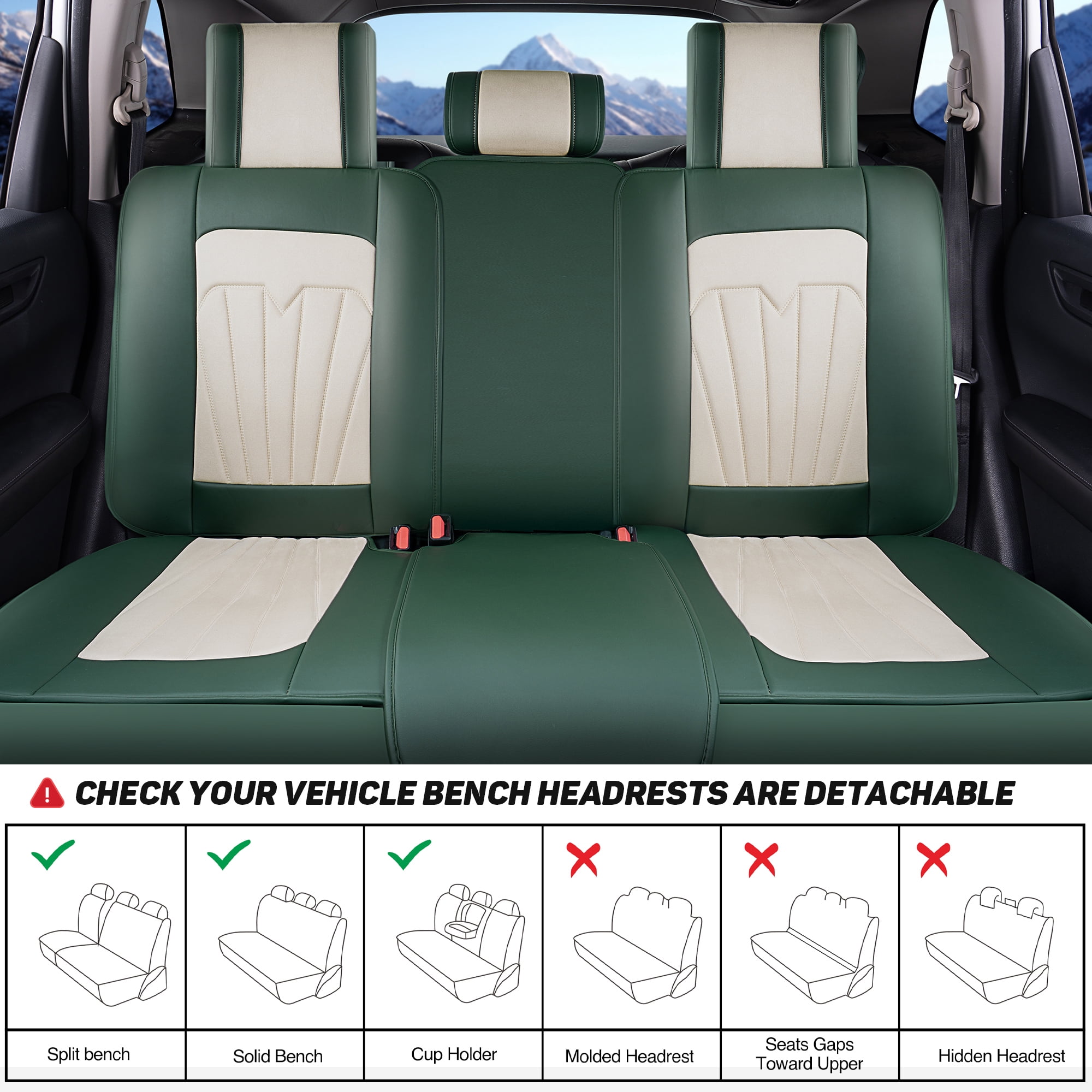 Caromop Universal Car Seat Covers Full Set,3D Foam Support in Velvet & PU Leather,Armrest Compatible for Cars, Trucks, SUVs (Beige/Green)