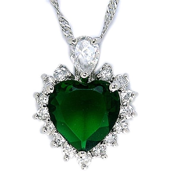 GemEmoprium  Heart Cut  Emerald Gemstone Necklace 925 Sterling, Halo Pendant Necklace 18k White Gold over Silve