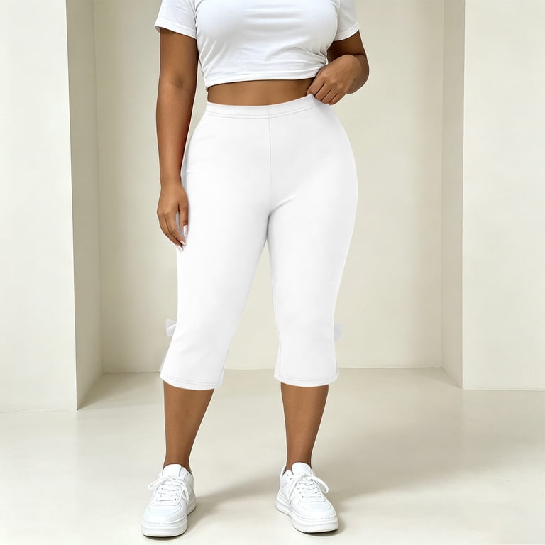 white dress capris plus size Womens Capri Leggings with Pockets Side Bowknot High Waisted Stretch Flared Yoga Summer Pants (5XL, Purple #A) Denim Tank Top and Capri Set Plus Size White Capris |