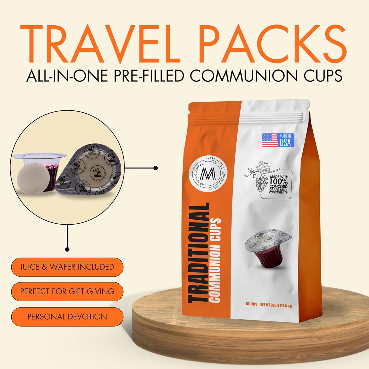 Travel Pack - The Miracle Meal Pre-Filled Traditional Communion Cup - Bag of 50 with Wafer and 100% Concord Grape Juice