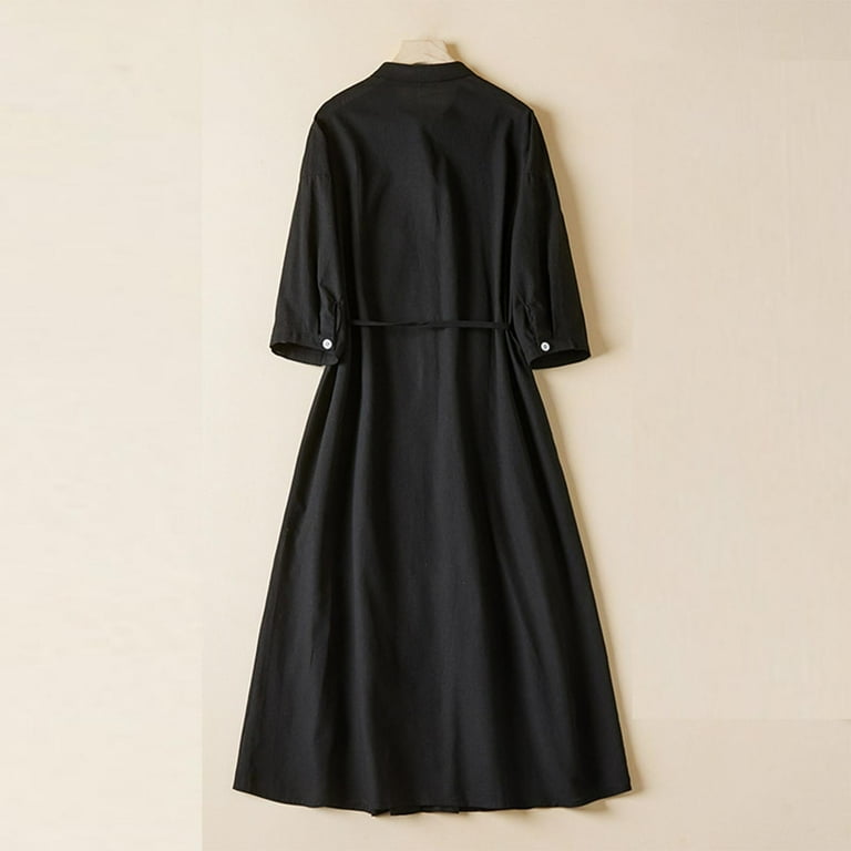 Tumotour Linen Dress Form Women Solid Color Summer 3/4 Sleeve Maxi Long Dress Plain Classic Dresses Button Dresses With Belt, Women's, Size: XL, Black Tumotour Linen Dress Form Women Solid Color Summer 3/4 Sleeve Maxi Long Dress Plain Classic Dresses Button Dresses With Belt, Women's, Size: XL, Black