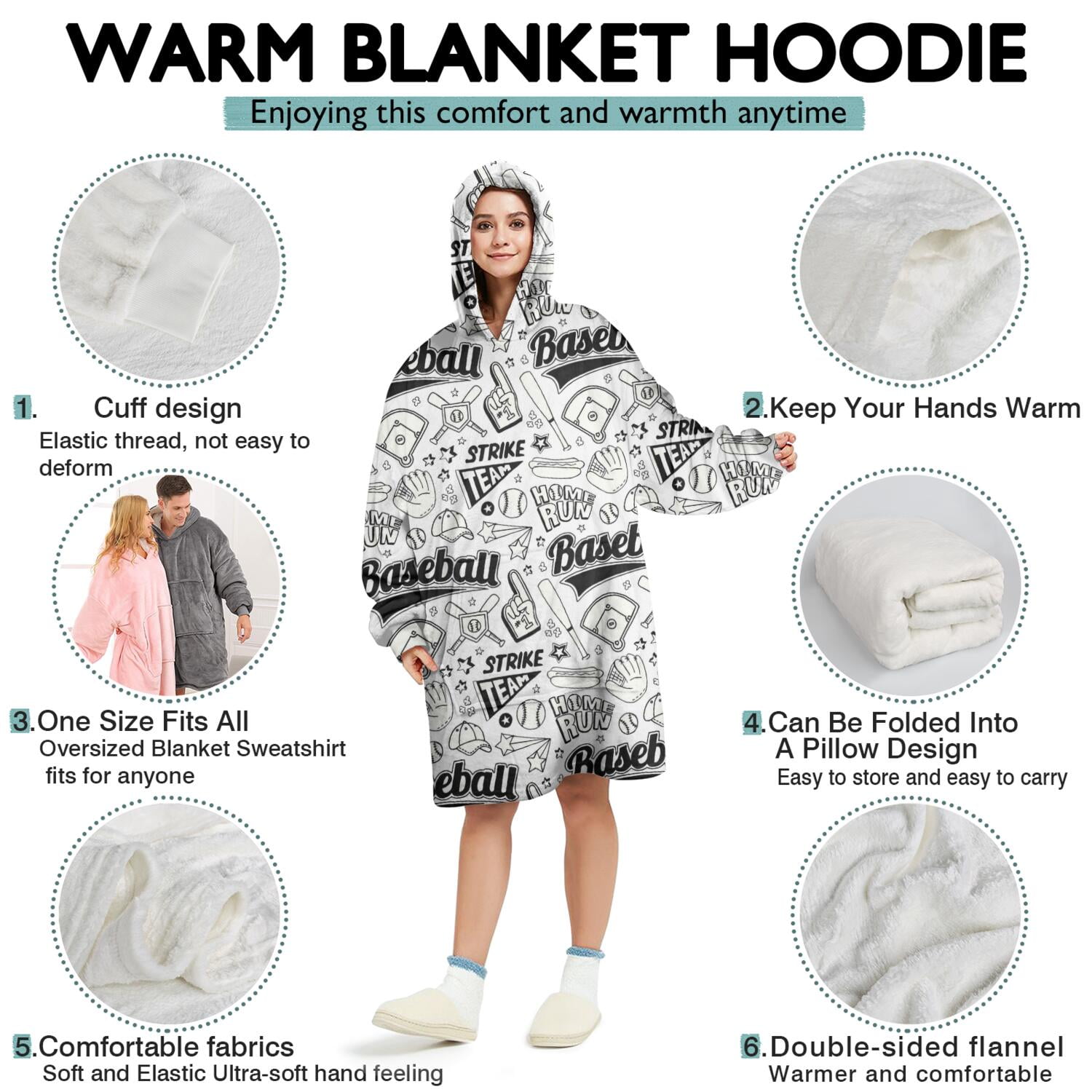 Black White Baseball Pattern Wearable Oversized Blanket,Wearable Blanket Hoodie for Adults,Cozy Hooded Blankets with Super Pockets,Super Warm Fuzzy Pullover for Women & Men