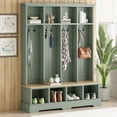 thumbnail image 2 of Farmhouse Hall Tree with Bench, 59" Wide Entryway Organizer with 8 Hooks & Storage Compartments, Modern Coat Rack & Shoe Bench for Mudroom,Green, 2 of 12