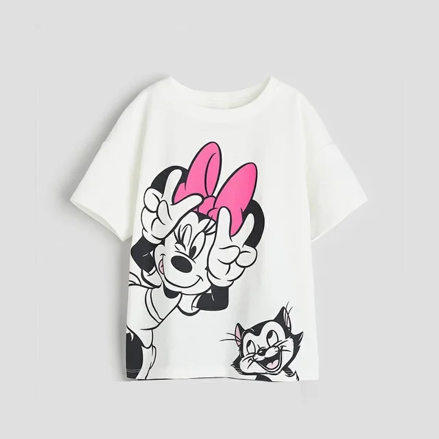 Camiseta blanca con estampado para niñas, camisa Base de cuello redondo, camisetas sueltas informales de Minnie, ropa de verano, Tops para niños
