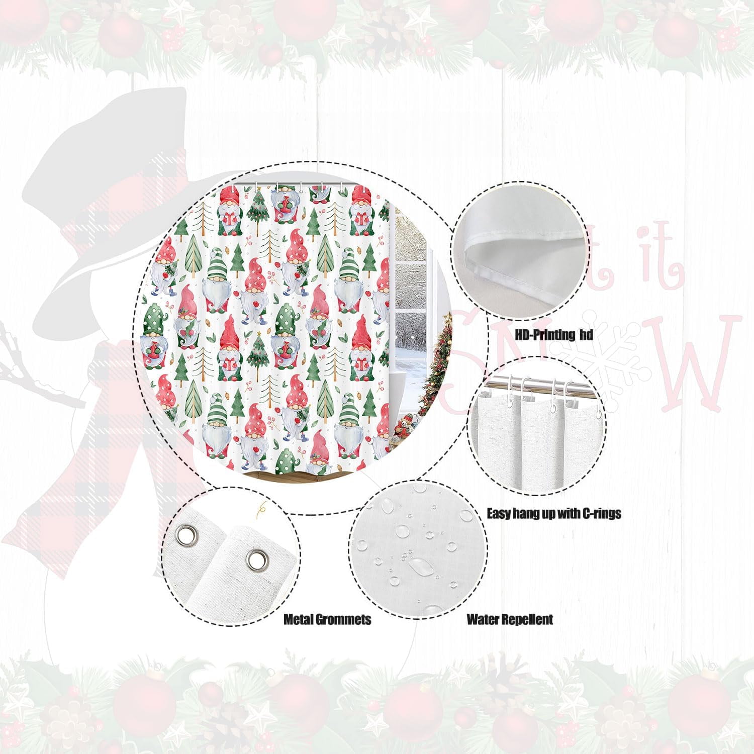 Farmhouse Christmas Shower Curtain Cute Gnomes, Gnomes Holding Xmas Gifts Bathroom Curtain Christmas Pine Tree, Winter Holiday New Year Bathroom Decorations with Hooks 72x72IN