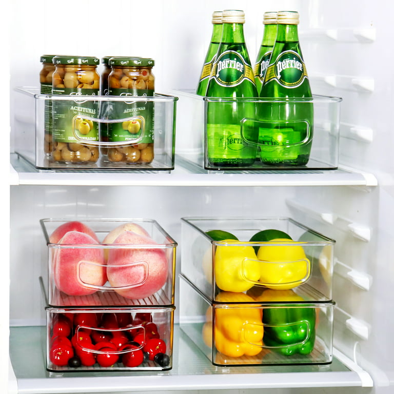 Hudgan Set of 8 Refrigerator Organizer Bins, 4 Large and 4 Medium Stackable Plastic Fridge Organizers with Handles for Freezer, Kitchen, Cabinet, Pantry Food