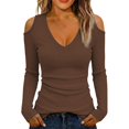 thumbnail image 2 of Cold Shoulder Ribbed Top for Women Long Sleeve Slim Fit Deep V Neck Fitted Knit Shirt Fall Versatile Comfy Casual Basic Blouse Brown XXL, 2 of 9